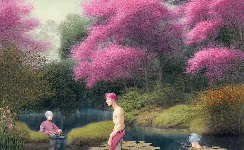 Image similar to pink haired young asian man backlit staring at black haired young asian man from across a pond, by alan lee, muted colors, springtime, colorful flowers & foliage in full bloom, sunlight filtering through trees & skin, digital art, art station cfg _ scale 9