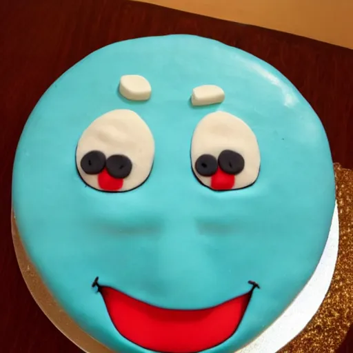 Prompt: a cake with an icing trollface decoration