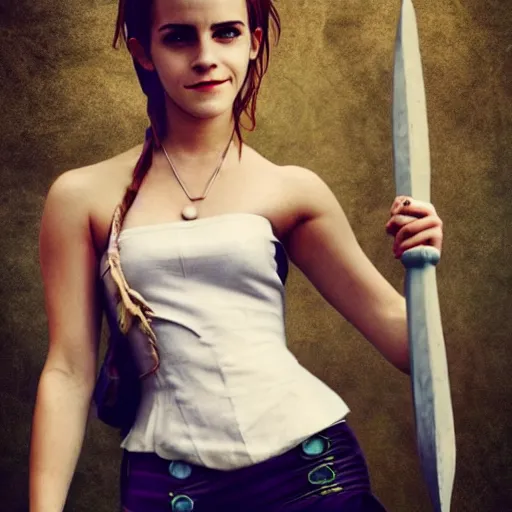 Image similar to emma watson as nami from one piece holding a trident in one hand, award winning photography, cinematic, 50 mm, trending on Twitter