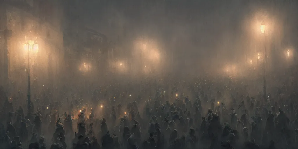 Image similar to a heavy swirling fogduring a parade, soft lighting, night, stephen bliss, misty, unreal engine, digital art, 8 k, oil painting, fantasy art, illustration, detailed and intricate environment