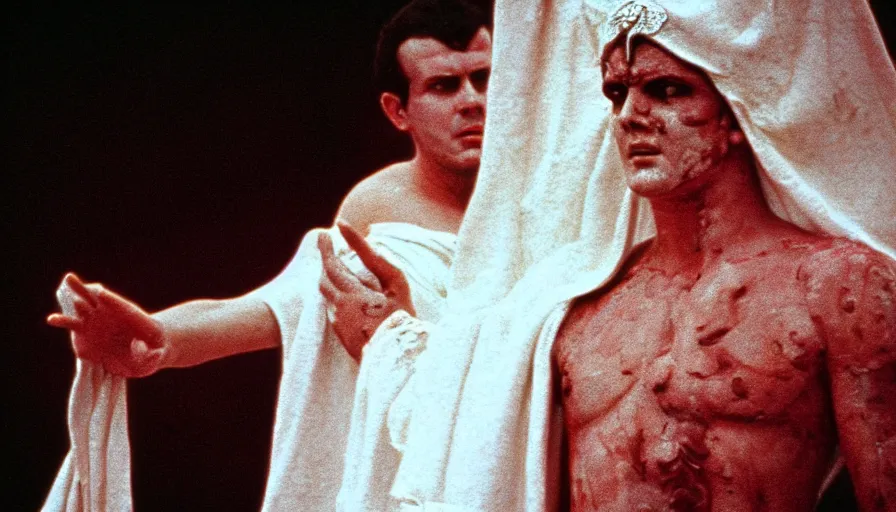 Image similar to 1 9 6 0 s movie still close - up of caligula in a white toga bleeding heavy on ancient amphitheater, cinestill 8 0 0 t 3 5 mm, high quality, heavy grain, high detail, dramatic light, anamorphic