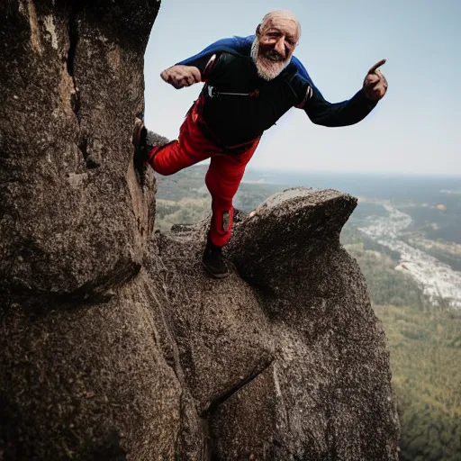 Image similar to elderly man base jumping from a cliff, smiling, happy, cliff, base jumping, parachute, nature, canon eos r 3, f / 1. 4, iso 2 0 0, 1 / 1 6 0 s, 8 k, raw, unedited, symmetrical balance, wide angle