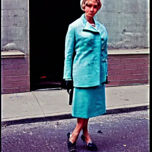 Image similar to portrait of a woman in a suit in the streets of new york, 1 9 6 0 s, colour film street photography, photo taken with ektachrome, featured on flickr, photographed on damaged film