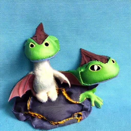 Prompt: adorable dragon in the style of how to train your dragon sitting on top of fabric bolts with a sewing machine