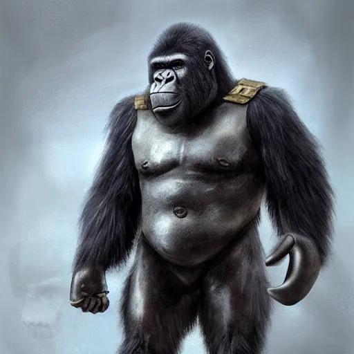 Prompt: gorilla wearing medieval suit of armor, illustration, concept art, art by wlop, dark, moody, dramatic