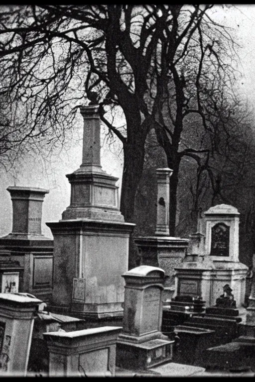 Image similar to Kodak T-MAX 3200 photo of creepy cemetery, 1910s paris, crow, scary, horror, dark mood