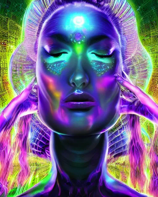 Image similar to a powerful energy psychedelic matrix goddess, by alexander fedosav, hyper detailed digital matte painting, concept art, hyperrealism, 1 6 k resolution, cinema 4 d, 8 k resolution, trending on artstation, behance hd, a masterpiece, by stephan martiniere, particles, cel - shaded, power bright neon energy, by david a. hardy,