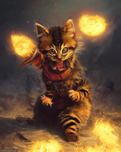 Image similar to oil painting of Angry Anthropomorphized Kitten Berserker, wearing fur armor, claws, sharp focus, attack pose, fantasy style, octane render, volumetric lighting, 8k high definition, by greg rutkowski, highly detailed, trending on art Station, magic the gathering artwork, burning Battlefield background, centered