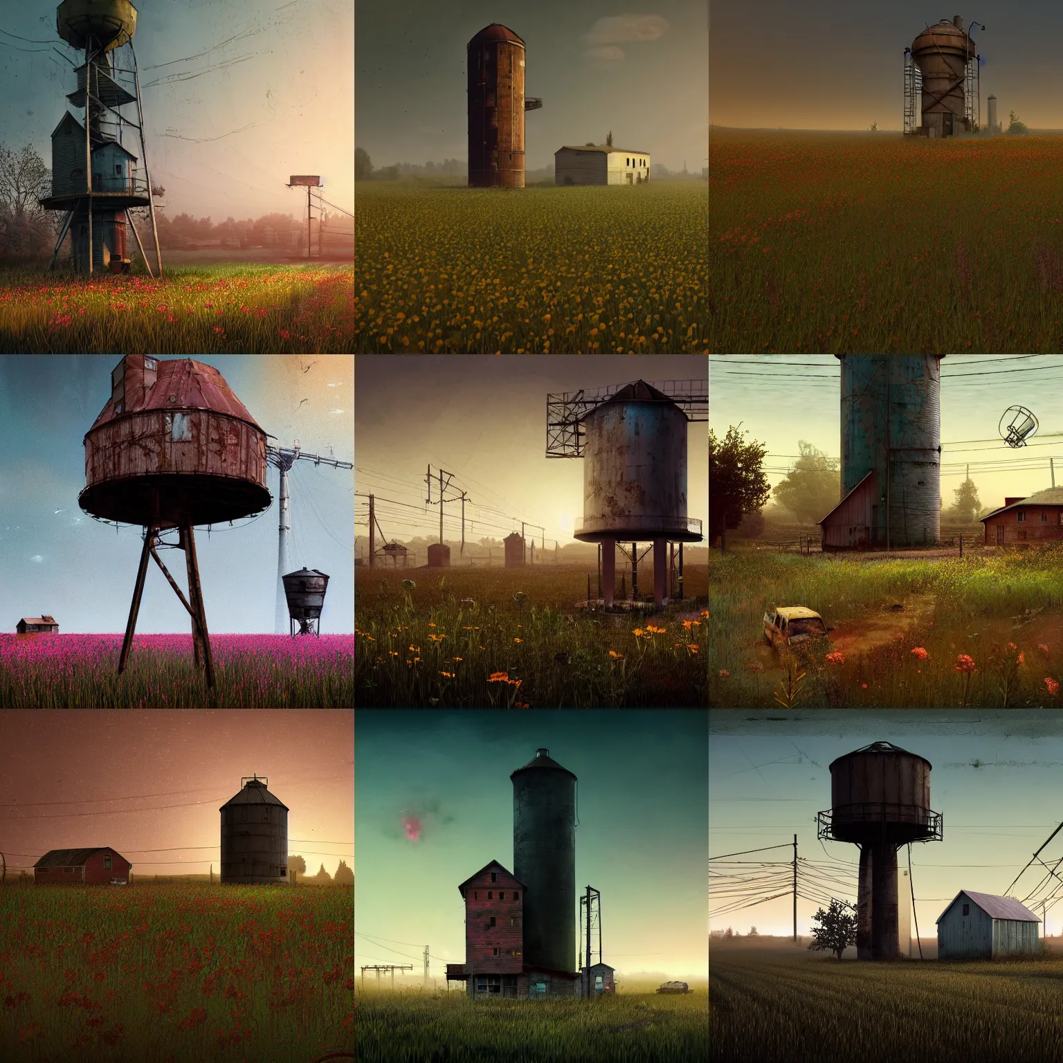 Prompt: rural post - cyberpunk, post - apocalyptic, farmhouse with a rusty water tower in a flower field by scott listfield and gregory crewdson, post - cyberpunk,! at night!, fog, 8 k render, trending on cgsociety, trending on artstation