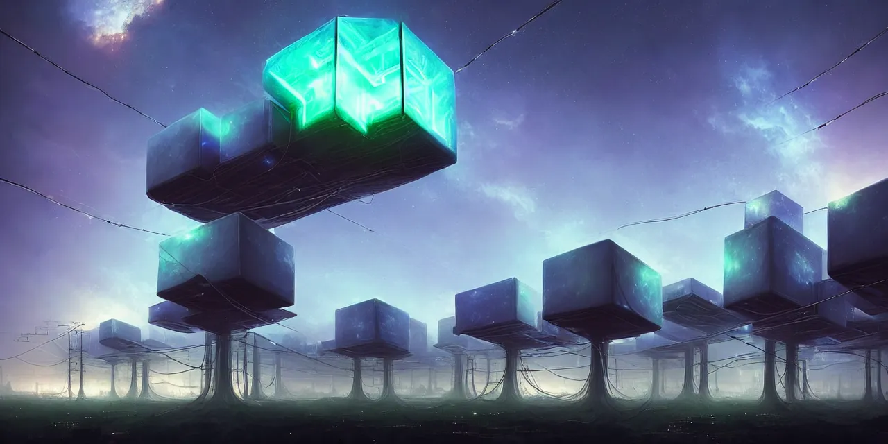 Prompt: a fleet of giant glowing futuristic cubes tied to each other with lots of wires in the sky, thick messy wires, a fantasy magical landscape seen in the distance, atmospheric lighting, intricate, volumetric lighting, beautiful, sharp focus, ultra detailed, in the art style of marc simonetti, bowater charlie and brom gerald, astrophotography