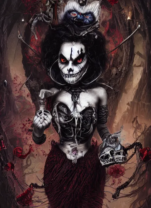 Prompt: Angry Queen of Hearts with Cheshire Cat, Death Tarot card,highly detailed,half skull face,cinematic,8k,by Stanley Artgermm,Tom Bagshaw,Greg Rutkowski,Carne Griffiths, Ayami Kojima, Beksinski, Giger,trending on DeviantArt,hyper detailed,horror, full of colour