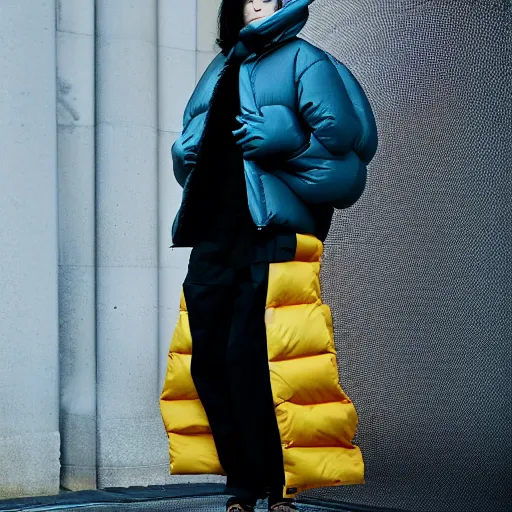 Image similar to realistic photoshooting for a new acne studio lookbook, color film photography, close up, model is wearing a puffer jacket, photo of a woman, photo in style of tyler mitchell, 3 5 mm, vetements, balenciaga, commes des garcon