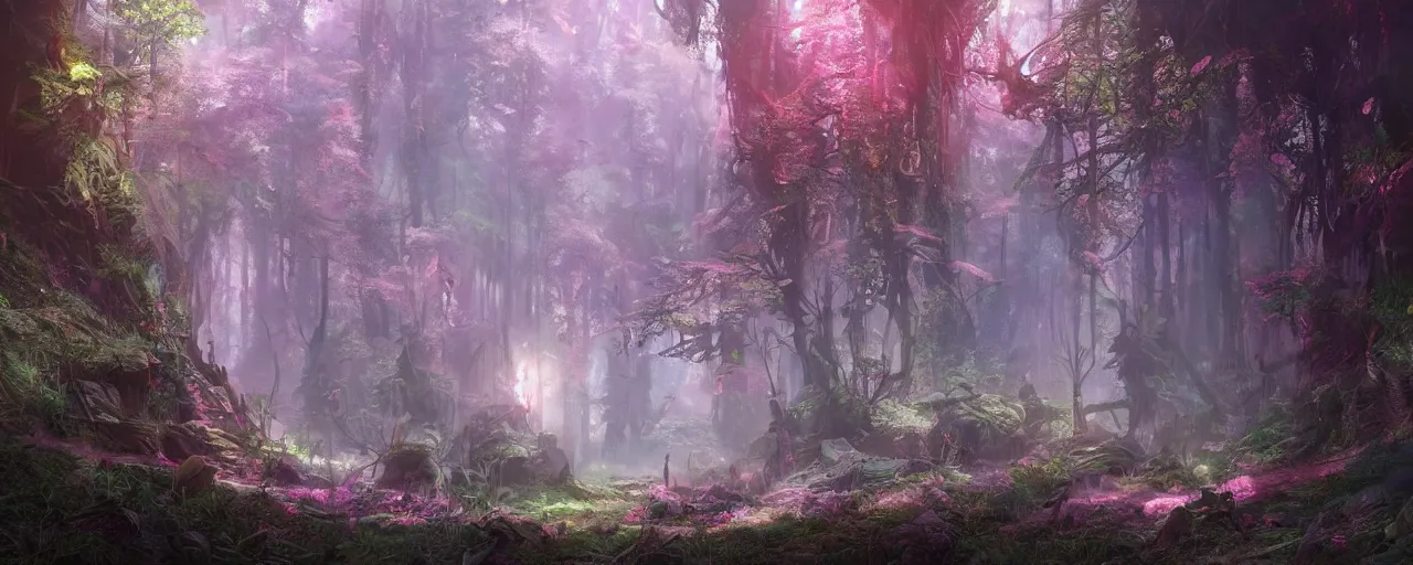 Prompt: detailed concept art illustration colorful pastel painting of a magical sci-fi fantasy forest in full intricate detail, ultra detailed, digital art, octane render, 4K, dystopian, micro details