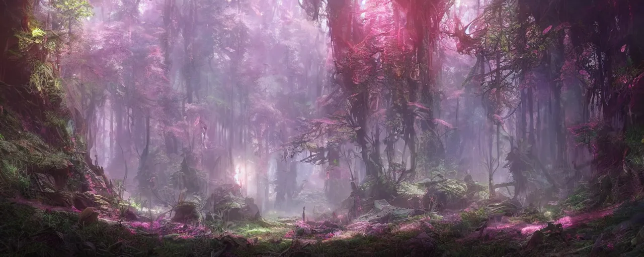 Image similar to detailed concept art illustration colorful pastel painting of a magical sci-fi fantasy forest in full intricate detail, ultra detailed, digital art, octane render, 4K, dystopian, micro details