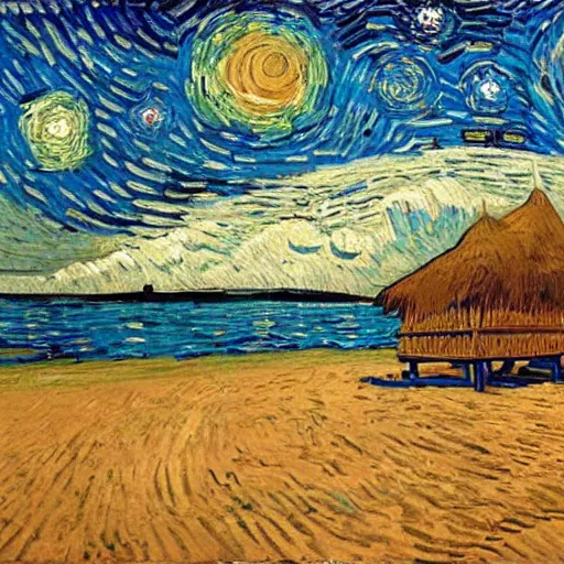Prompt: tiki huts on beach in the style of starry night by Van Gogh