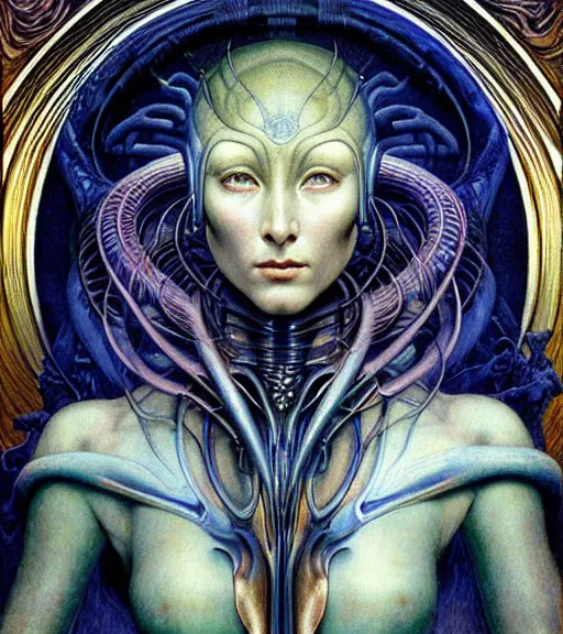 Image similar to detailed realistic beautiful young cher as alien robot as queen of mars face portrait by jean delville, gustave dore and marco mazzoni, art nouveau, symbolist, visionary, gothic, pre - raphaelite. horizontal symmetry by zdzisław beksinski, iris van herpen, raymond swanland and alphonse mucha. highly detailed, hyper - real, beautiful