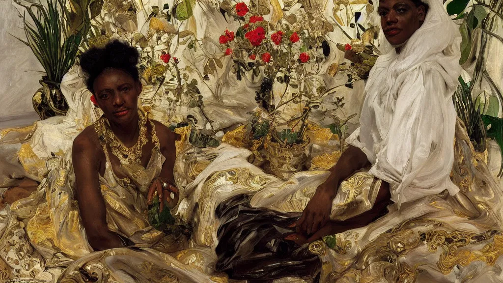 Image similar to high quality high detail painting by lucian freud, jenny savile, ilya repin and john singer sargent, black woman in a white room with many plants, intricate costume design, orientalist, partially gold, ornate, elite, luxury, hd