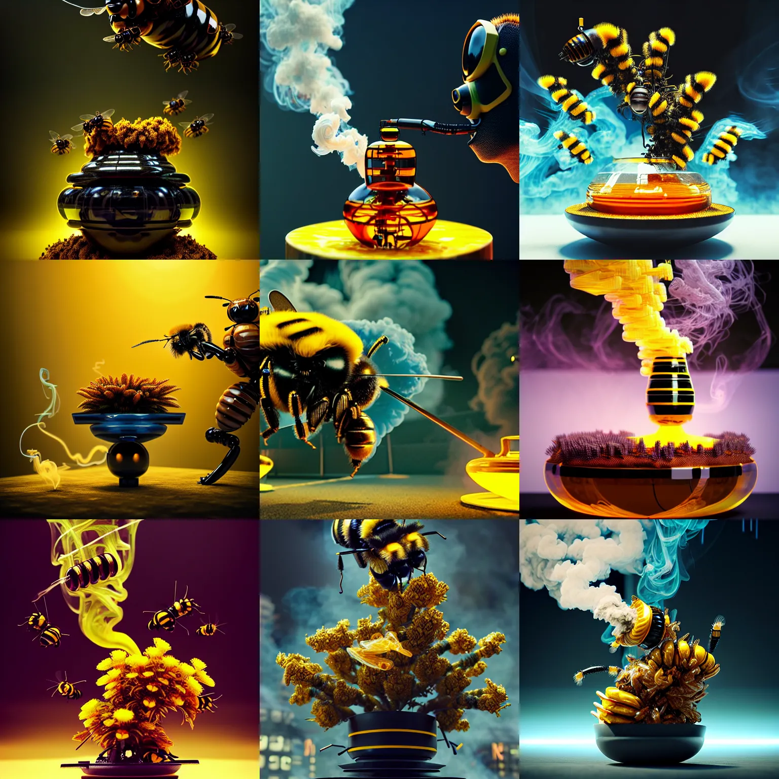 Prompt: smoke rising | complex biotech floral cyborg bumblebee quantum bonsai honey bong | fun, cyberpunk, galactic temple, weta disney movie still photo, hi - fructose, sci fi fantasy, golden ratio, octane render, sharp focus, artstation, concept art | dyson, feng zhu, rutkowski, beeple