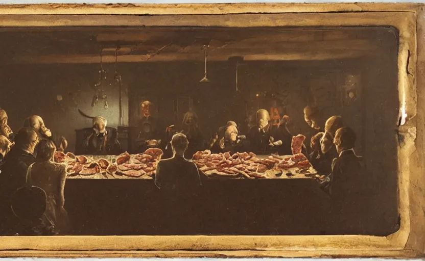 Prompt: daguerreotype of a formal dinner party involving a great deal of meat on a table in a dark kitchen watched by a fat monster in one corner, painted by rick berry and norman rockwell and zdzislaw beksinski, highly detailed