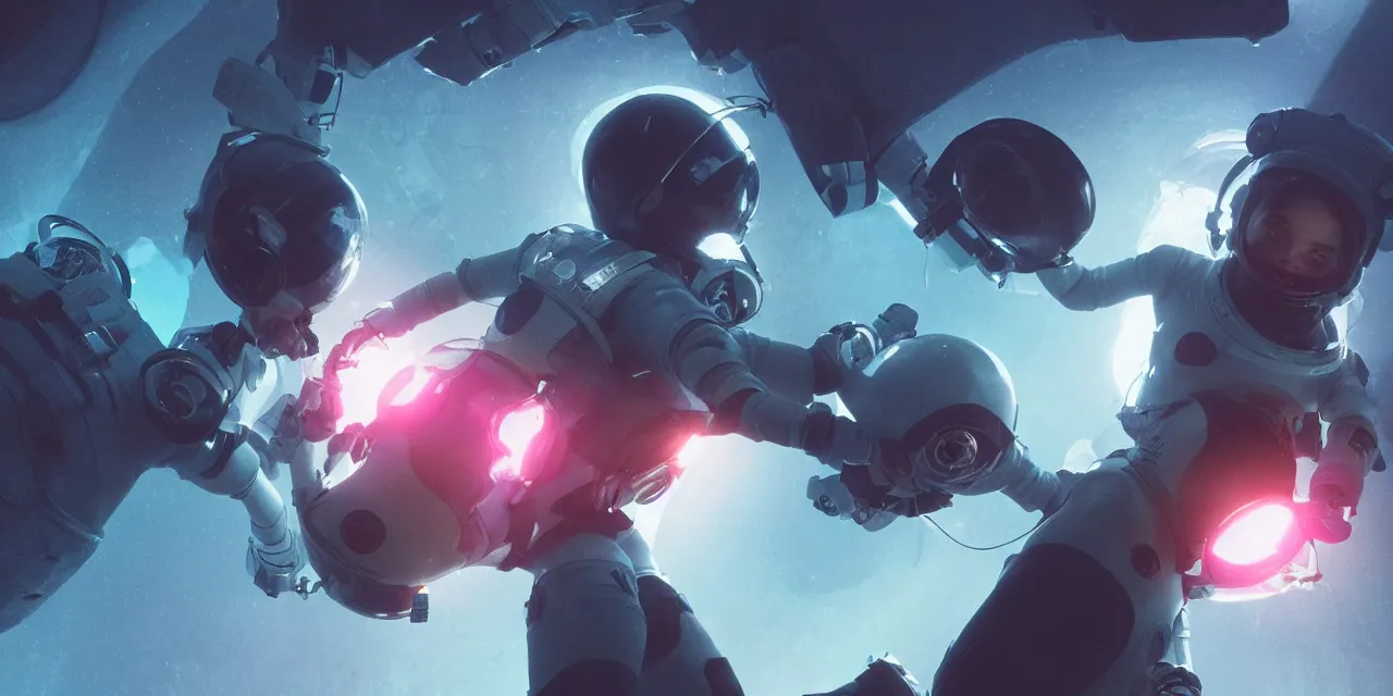 Image similar to Zoe Kravitz with short hair as a techpunk astronaut, helmet with led lights, underwater in the ocean at night, clear water, glowing bubbles, volumetric lighting, glowing lights, 4k, octane, unreal engine, digital painting, artstation, concept art, high contrast, high saturation , cinematic film still, sharp focus, illustration, art by Christopher Nolan and artgerm and greg rutkowski and alphonse mucha , wide angle view, full body