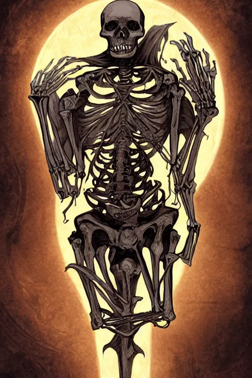 Prompt: a skeleton with a glowing orb in his hands, poster art by Chris Rallis, behance contest winner, gothic art, tarot card, wiccan, macabre