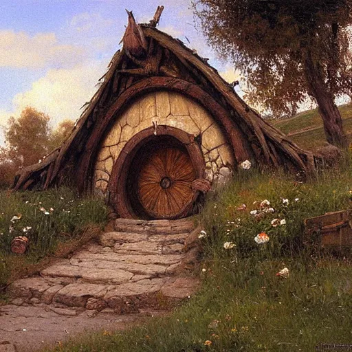 Prompt: Hobbiton painted by Ivan Kramskoi