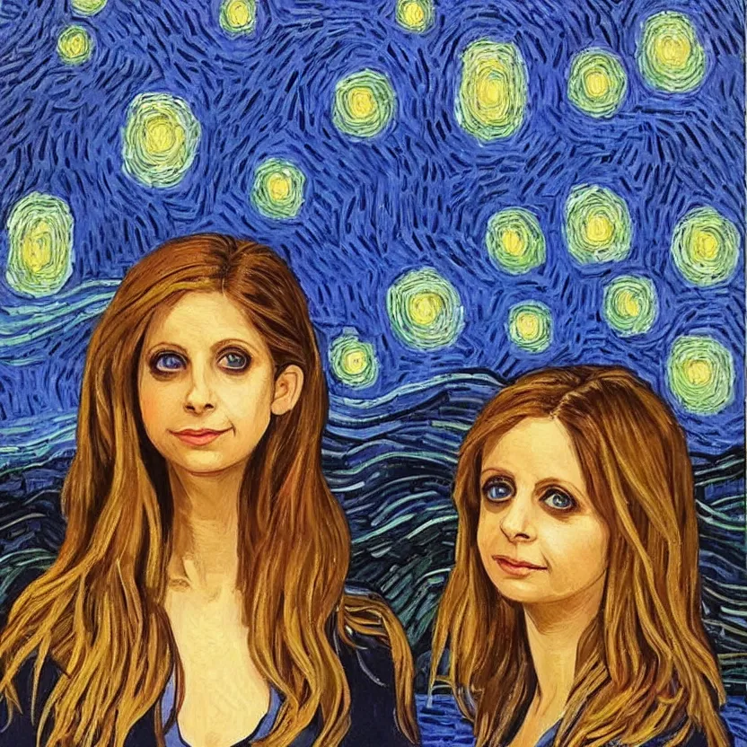 Prompt: An oil painting of Sarah Michelle Gellar in the style of Starry Night by Vincent van Gogh