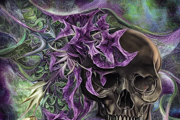 Image similar to an epic fantastic realism comic book style painting of datura flowers and a fractal skull within a fractal within a fractal within a fractal within a fractal all contained in a human skull and complimented with the most beautiful datura flowers, dynamic lighting, datura, angel's trumpet, allegory of death