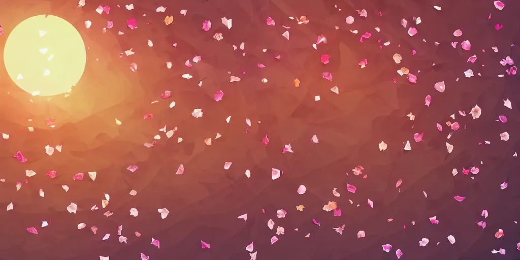 Image similar to background art of spaciously scattered flower petals flowing and flowing through the air from left to right on a simple sunset background, large individual rose petals, angular background elements, polygonal fragments, anime, artgerm, manga, trending on artstation, art nouveau, mature color scheme