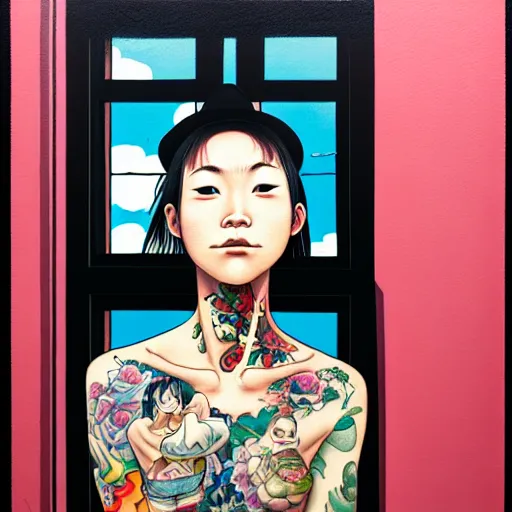 Image similar to full view, from a distance, of taiwanese girl with tattoos, wearing a cowboy hat, standing at the window, style of yoshii chie and hikari shimoda and martine johanna and edward hopper, highly detailed