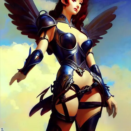 Prompt: greg manchess painting of anime woman in armor, long wings, soft lighting, trending on artstation, by huang guangjian and gil elvgren and krenzcushart