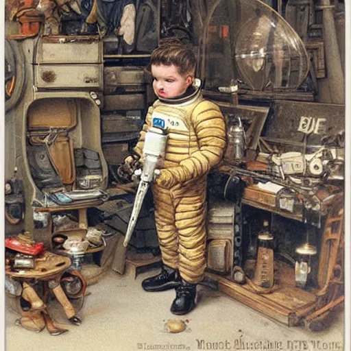 Image similar to boy in a retro space suit in a cluttered inventors shop . muted colors. by Jean-Baptiste Monge !!!!!!!!!!!!!!!!!!!!!!!!!!!