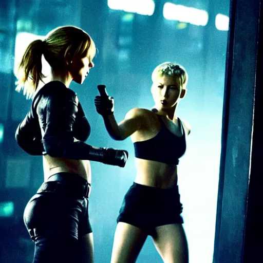 Prompt: julianne hough and jennifer lawrence fighting by ridley scott, secret agents, wearing black shorts, wearing black boots, wearing a cropped tops, blade runner, highly detailed, action movie poster, intense, sharp focus, cyberpunk, hq