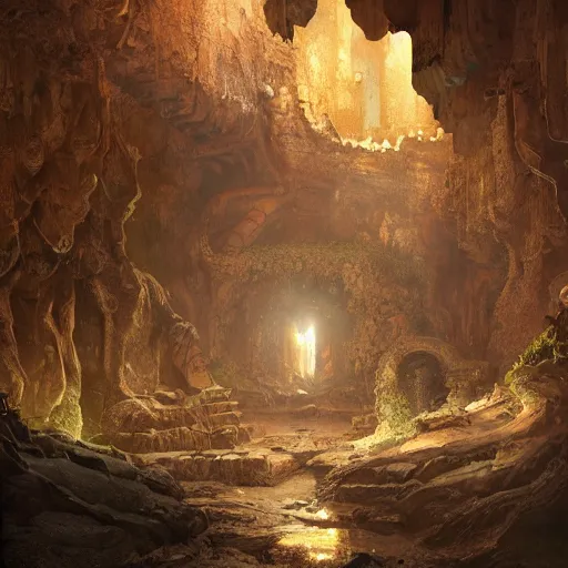 Prompt: ancient underground city in cave, cave interior, godrays, 8 k, octane render, ultra detailed, art by artgerm and greg rutkowski and alphonse mucha, artstation