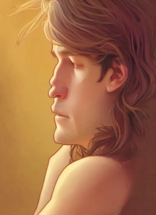 Image similar to pretty young man with shoulder length shiny shimmering golden blond hair, head down, shy, sad, scared, path traced, highly detailed, high quality, digital painting, by studio ghibli and alphonse mucha, leesha hannigan, disney