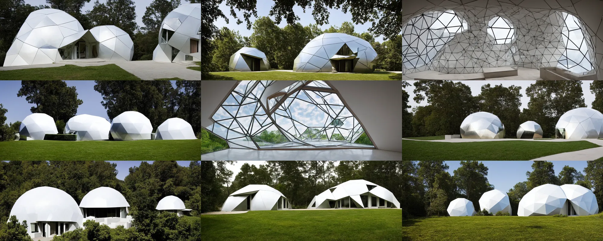 Prompt: geometric dome house by buckminster fuller and frank gehry, minimal, kristoffer tejlgaard dome of visions,