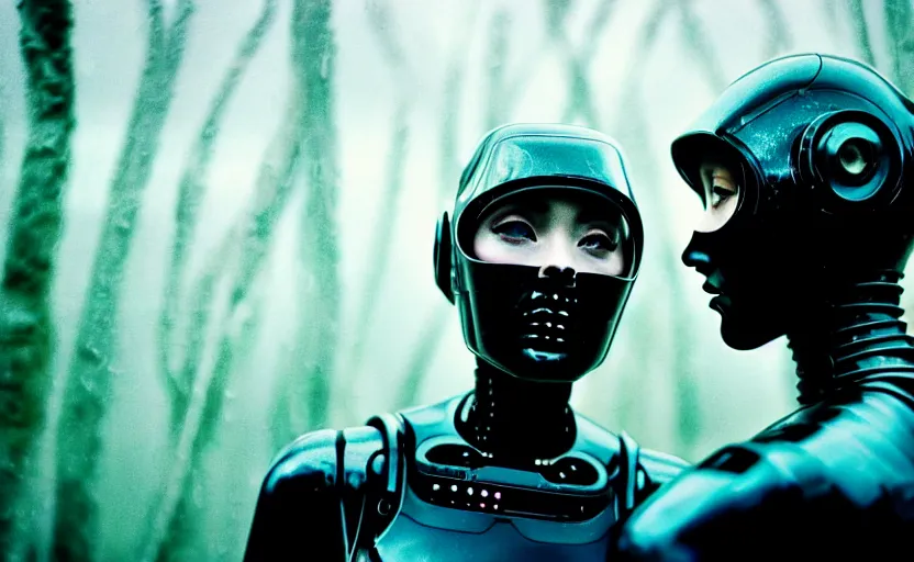 Image similar to cinestill 5 0 d candid action photographic portrait by stanley kubrick of two loving female androids wearing rugged black mesh techwear in treacherous waters, extreme closeup, modern cyberpunk retrofuturism moody emotional cinematic, pouring iridescent rain, 8 k, hd, high resolution, 3 5 mm, f / 3 2, motion blur, ultra realistic faces, ex machina