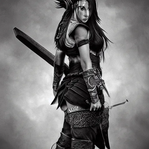 Image similar to hyper realistic pencil drawing of tifa lockheart as an viking warrior princess cloak, fantasy, dark, stunning, detail, sharp