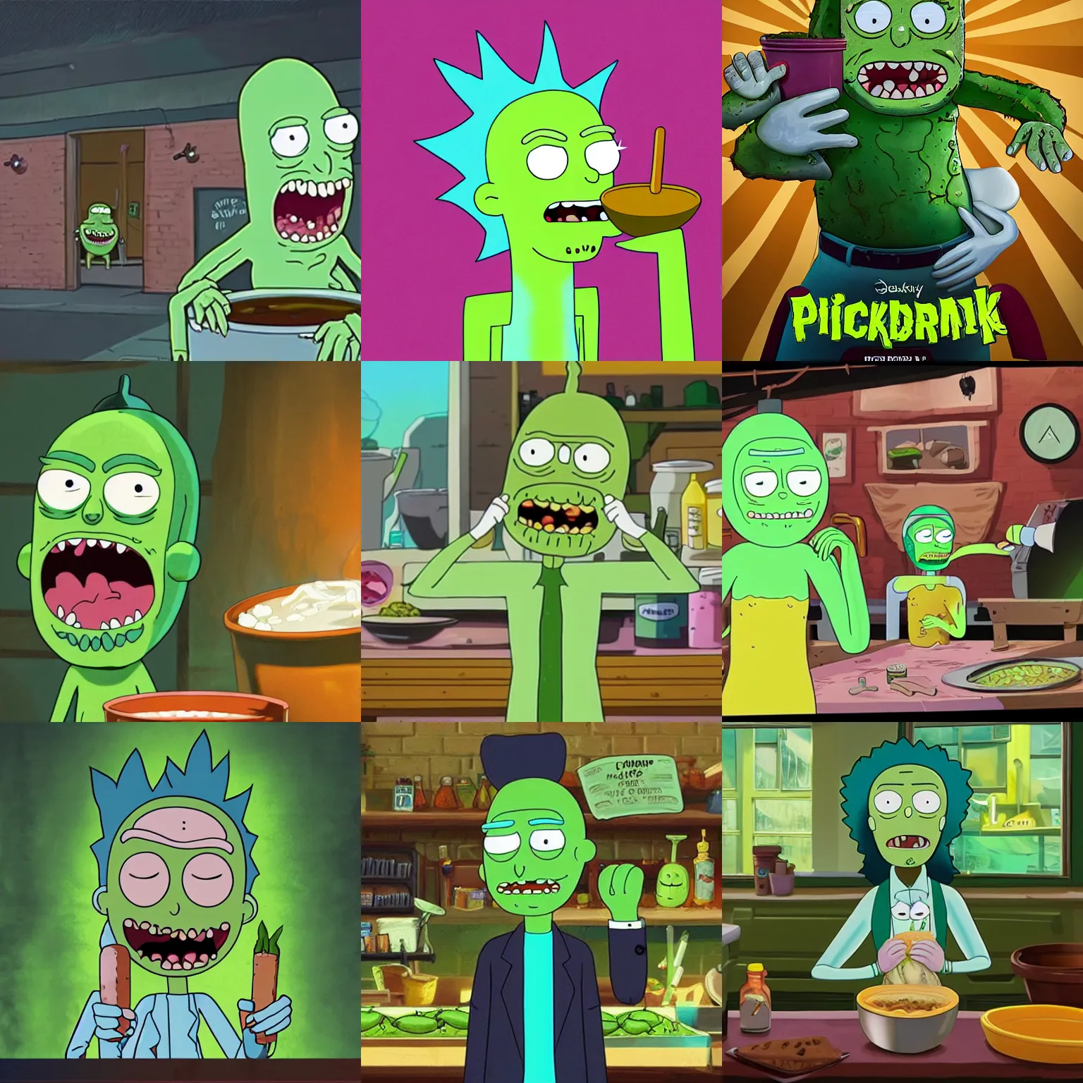 Prompt: pickle rick from rick and morty tv show, pickle rick serving in a soup kitchen, detailed portrait, matte painting, serving soup