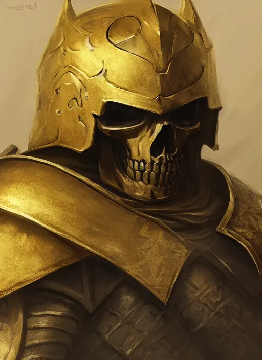 Image similar to a character concept of a skull headed knight with a skull hemet, wearing golden armor, hyper realistic, unreal, craig mullins, alex boyd, lord of the rings, game of thrones, dark souls, artstation, warhammer