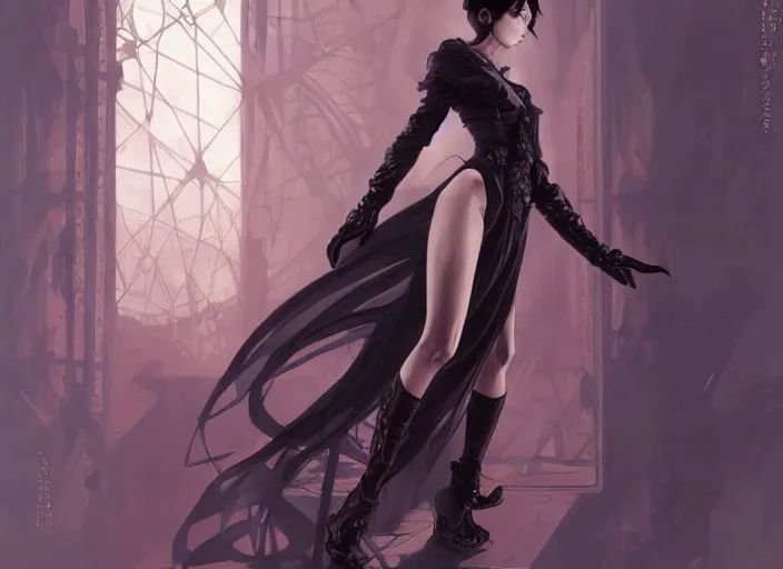 Image similar to goth amai liu, full body, anime, fantasy, intricate, elegant, highly detailed, digital painting, art station, concept art, smooth, sharp focus, oil painting, art by syd mead and greg rutkowski and alphonse mucha
