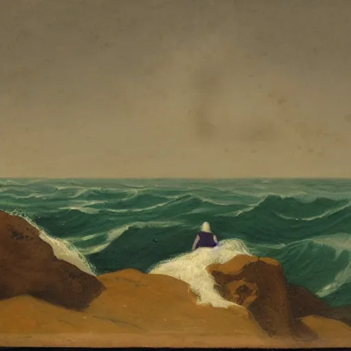 Image similar to painting of a person standing on a rock with waves crashing around by friedrich