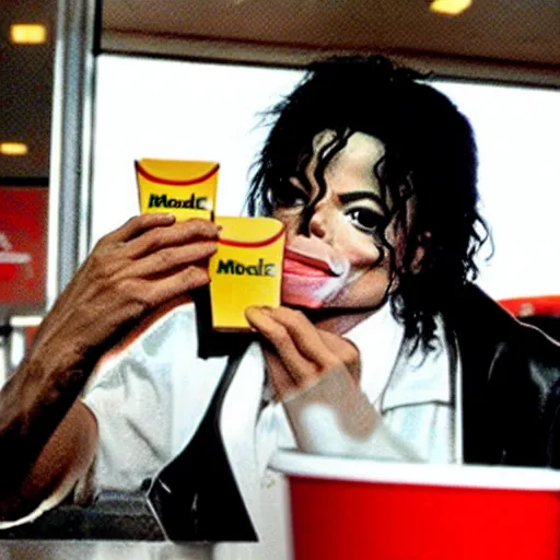 Prompt: Michael Jackson eating at a McDonalds, long shot, award winning, high detail, high resolution