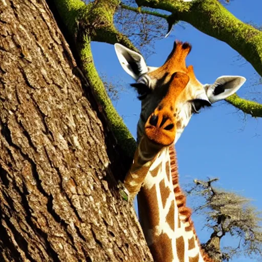 Prompt: a giraffe taking a bite out of a tree