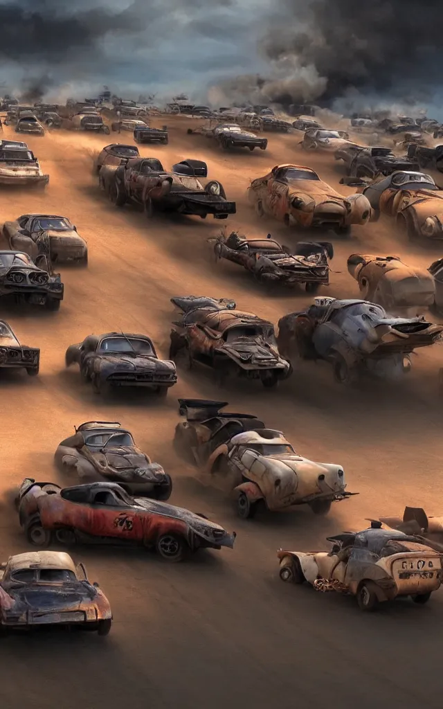 Prompt: pixar cars racing fast in the world of mad max fury road. 8 k hdr. trending on artstation