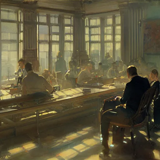 Prompt: detailed cinematic wide shot of sucession corporate office spring light, painting by gaston bussiere, craig mullins, j. c. leyendecker