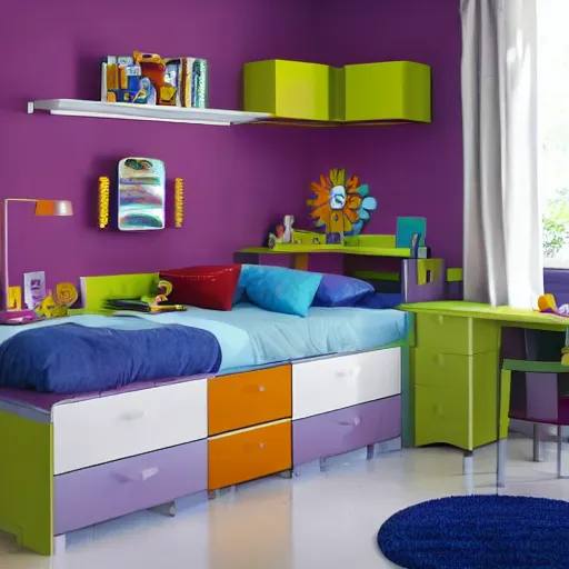 Image similar to award-winning colorful modern boy's room catalog photo. single bed. A single window illuminates the bed and the desk.