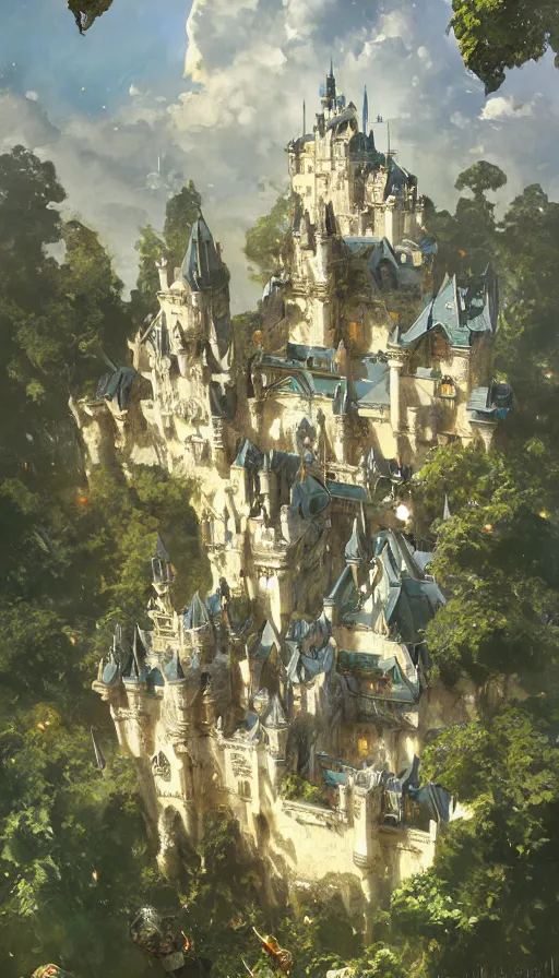 Image similar to castle seen from the sky, cyberpunk, design on white background, beautiful details, lush foliage, drawn by john singer sargent, tom bagshaw, norman rockwell, alphonso mucha, lolish, trending on artstation