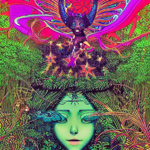 Prompt: a beautiful composition of a psychedelic glowing spirit animal psychonaut floating above a hedge maze, dmt, rich details full of texture, realistic eyes, artwork by satoshi kon and yoshitaka amano and moebius