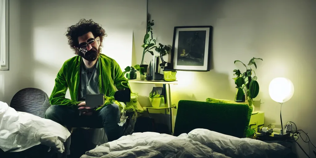 Image similar to french white man with puffy hair, mustache and a green sitting on a black chair in his room looking at the camera, photorealistic, webcam, yellow lightning